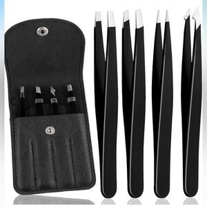 4Pcs Eyebrow Tweezers Set Professional Stainless Steel Tweezers w/ Case